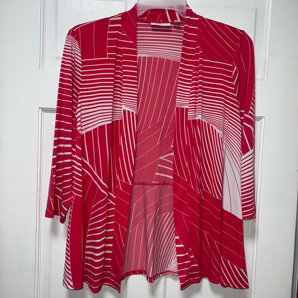 Susan Graver L Red & White Geometric Open-Front Cardigan